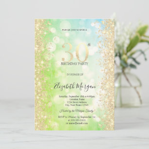 Gold Diamonds Bokeh Green Blue 30th Birthday Invitation