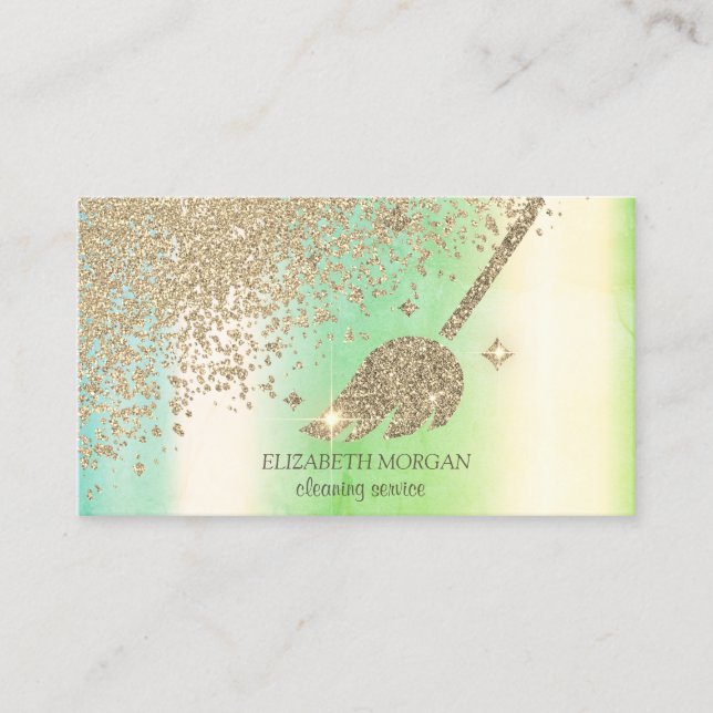 Gold Diamonds Broom Maid Cleaning House Green Business Card (Front)