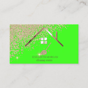 Gold Diamonds Broom Maid Cleaning House Green Neon Business Card