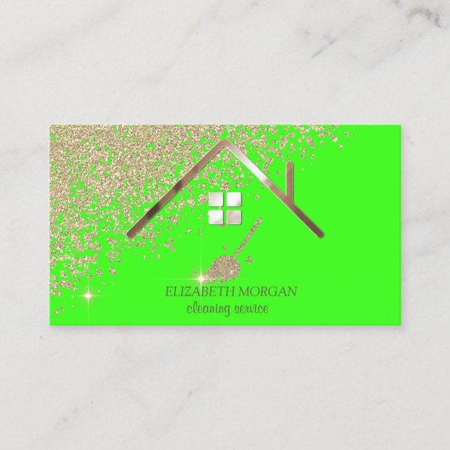 Gold Diamonds Broom Maid Cleaning House Green Neon Business Card (Front)