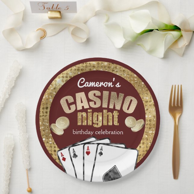 Gold Diamonds Burgundy Casino Night Party Paper Plate (Wedding)