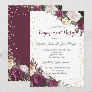 Gold Diamonds Burgundy Floral Engagement Invitation