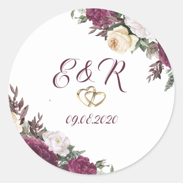 Gold Diamonds Burgundy Floral Hearts Wedding Classic Round Sticker (Front)