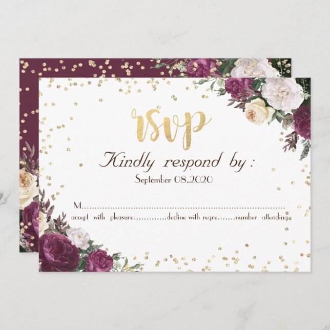 Gold Diamonds Burgundy Floral RSVP Invitation (Front/Back)