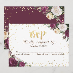 Gold Diamonds Burgundy Floral RSVP Invitation