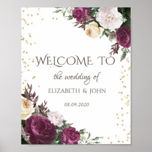 Gold Diamonds Burgundy Floral Save The Date Poster