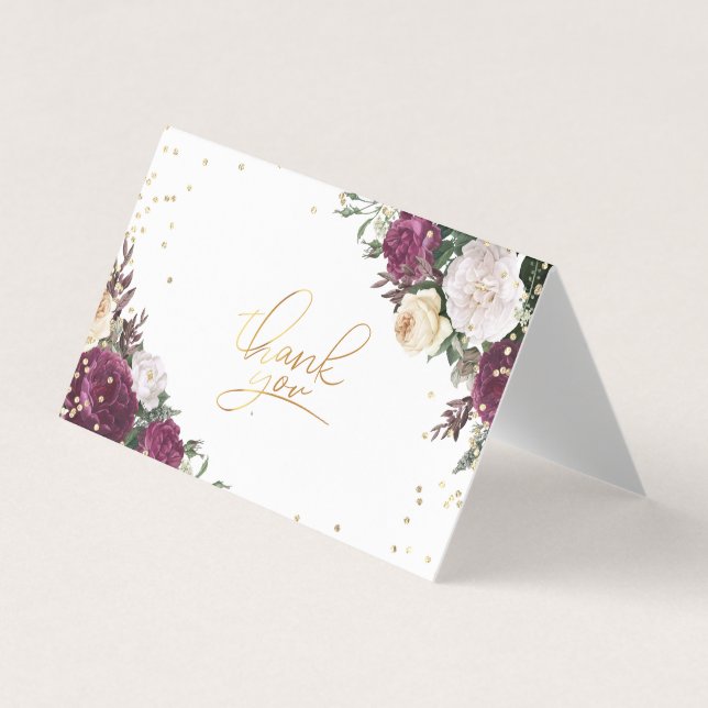 Gold Diamonds Burgundy Floral Thank You Card (Front)