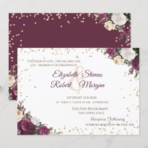 Gold Diamonds Burgundy Floral Wedding Invitation