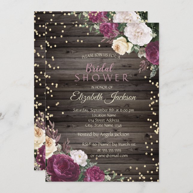 Gold Diamonds Burgundy Floral Wood Bridal Shower  Invitation (Front/Back)