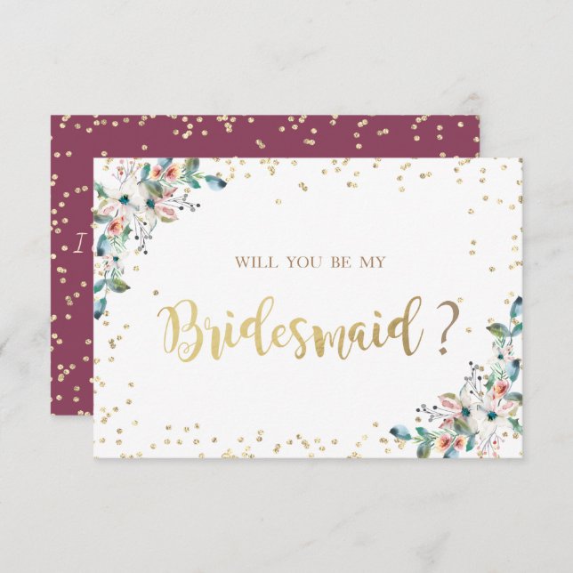 Gold Diamonds Burgundy Flowers  Bridesmaid Card (Front/Back)