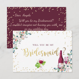 Gold Diamonds Burgundy Flowers  Bridesmaid Card