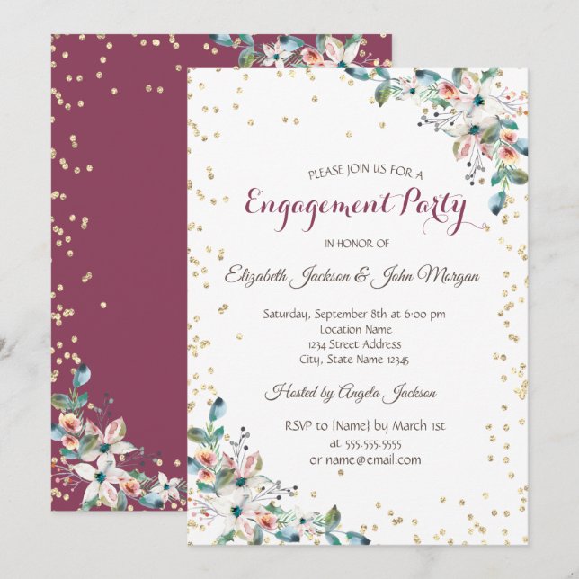 Gold Diamonds Burgundy Flowers  Engagement Invitation (Front/Back)