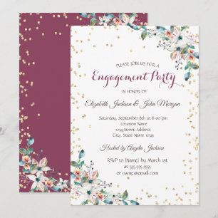 Gold Diamonds Burgundy Flowers Engagement Invitation