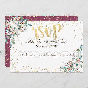 Gold Diamonds Burgundy Flowers  RSVP Invitation