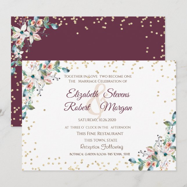 Gold Diamonds Burgundy Flowers Wedding Invitation (Front/Back)