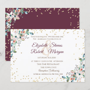 Gold Diamonds Burgundy Flowers Wedding Invitation