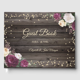Gold Diamonds Burgundy Flowers Wood Guest Book