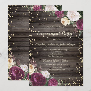 Gold Diamonds Burgundy Flowers Wood Invitation