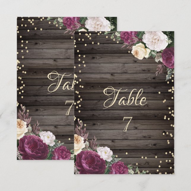 Gold Diamonds Burgundy Flowers Wood Invitation (Front/Back)