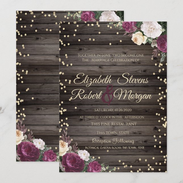 Gold Diamonds Burgundy Flowers Wood Invitation (Front/Back)