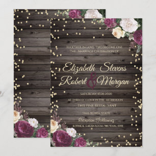 Gold Diamonds Burgundy Flowers Wood Invitation