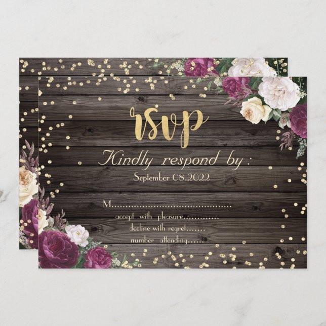 Gold Diamonds Burgundy Flowers Wood Invitation (Front/Back)
