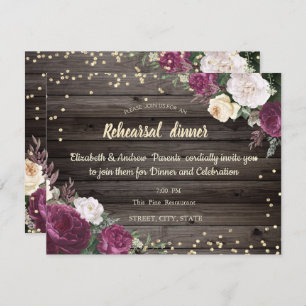 Gold Diamonds Burgundy Flowers Wood Rehearsal  Inv Invitation