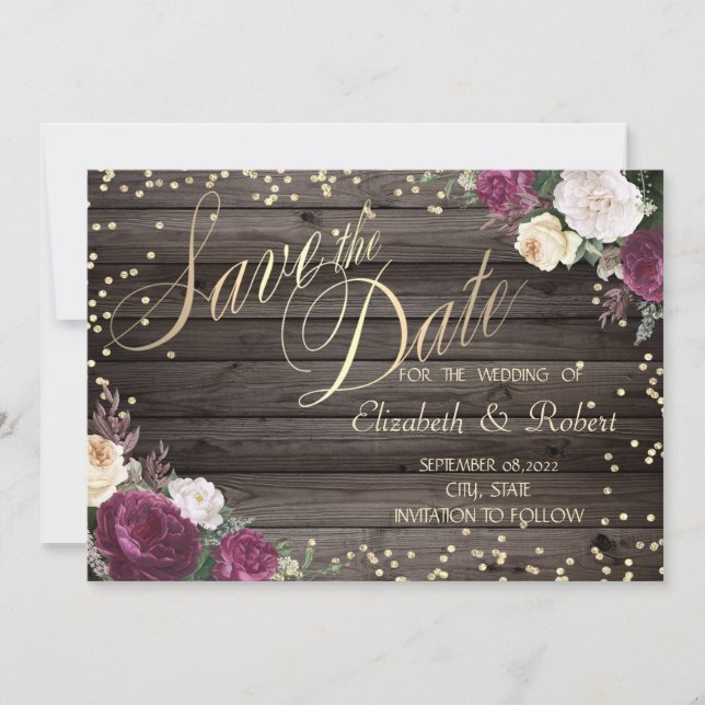 Gold Diamonds Burgundy Flowers Wood Save The Date (Front)