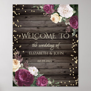 Gold Diamonds Burgundy Flowers Wood Save The Date Poster