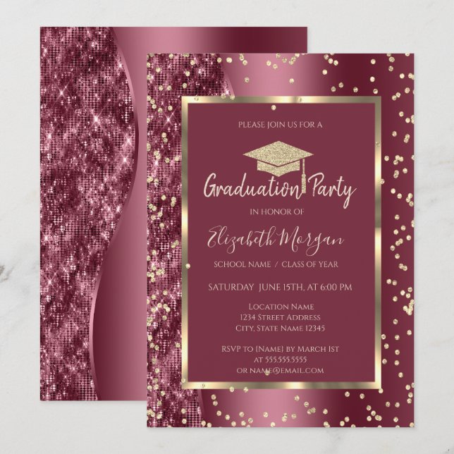 Gold  Diamonds Burgundy Glitter Graduation Cap Invitation (Front/Back)