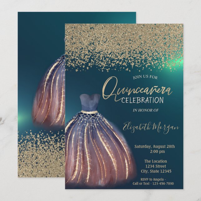 Gold Diamonds,Chic Dress Green  Quinceañera Invitation (Front/Back)
