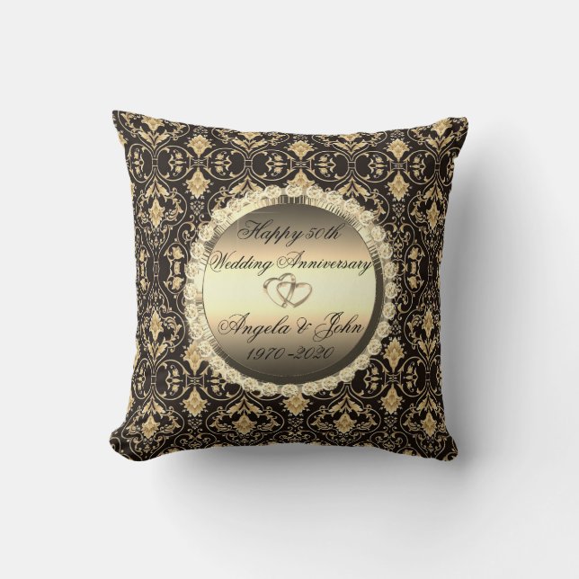 Gold Diamonds Damask 50th Wedding Anniversary Cushion (Front)