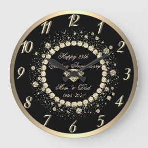Gold Diamonds Dots Black 25th Wedding Anniversary Large Clock