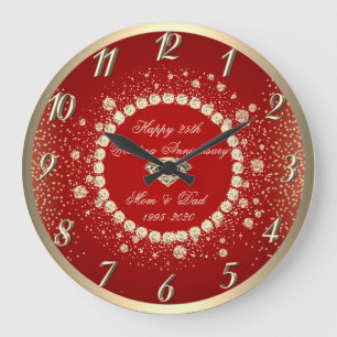 Gold Diamonds Dots Red 25th Wedding Anniversary Large Clock
