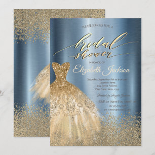 Gold Diamonds Dress Blue Metallic Bridal Shower Invitation