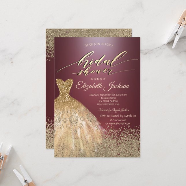 Gold Diamonds Dress Dark Burgundy Bridal Shower Invitation (Front/Back In Situ)