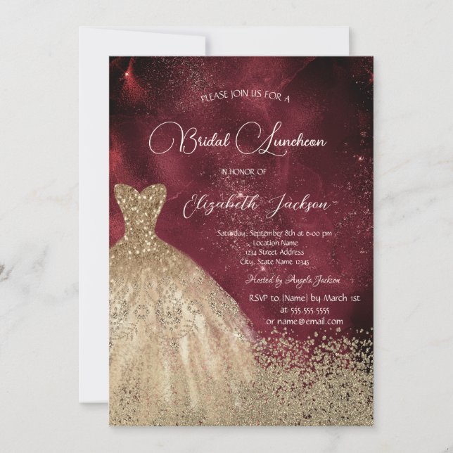 Gold Diamonds Dress Dark Red Bridal Luncheon Invitation (Front)