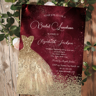 Gold Diamonds Dress Dark Red Bridal Luncheon Invitation
