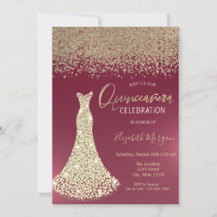 Gold Diamonds Dress Red Quinceanera  Invitation