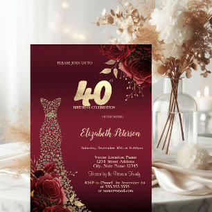 Gold Diamonds Dress Red Roses 40th Birthday Invitation