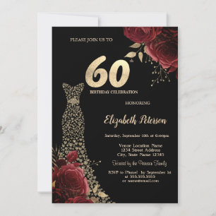 Gold Diamonds Dress Red Roses Black 60th Birthday Invitation