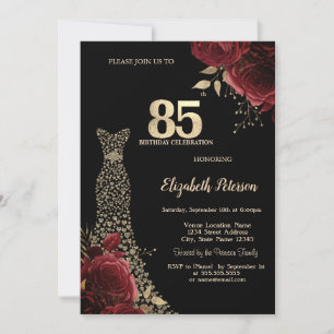 Gold Diamonds Dress Red Roses Black 85th Birthday Invitation