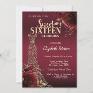 Gold Diamonds Dress Red Roses Sweet 16  Invitation