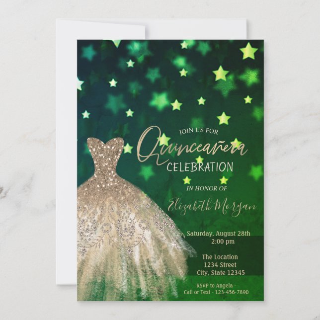 Gold Diamonds, Dress Stars Green Quinceañera Invitation (Front)