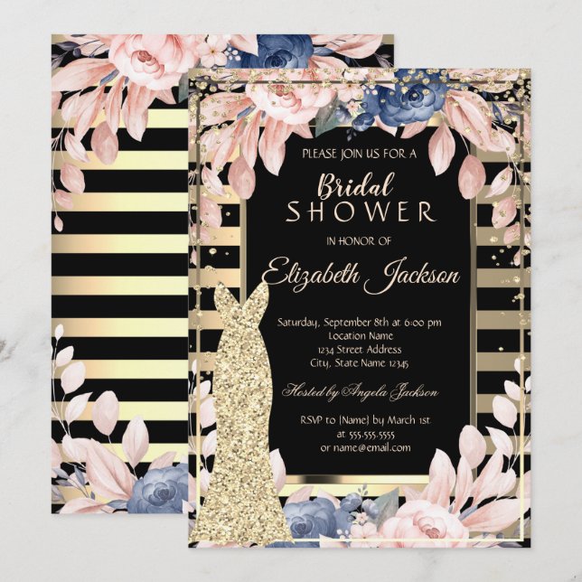Gold Diamonds,Dress Striped Flowers Bridal Shower  Invitation (Front/Back)