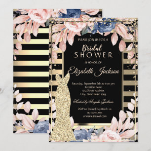Gold Diamonds,Dress Striped Flowers Bridal Shower  Invitation