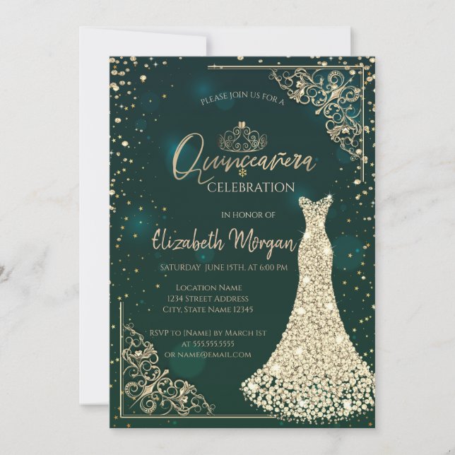 Gold Diamonds Dress Tiara Green Quinceañera  Invitation (Front)