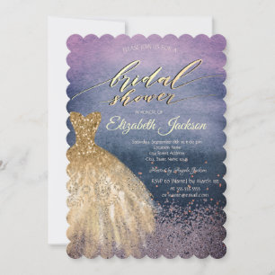 Gold Diamonds Dress Watercolor Bridal Shower Invitation