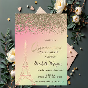 Gold Diamonds,Eiffel Tower Ombre Quinceañera Invitation