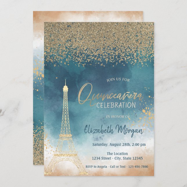 Gold Diamonds,Eiffel Tower Paint SplashQuinceanera Invitation (Front/Back)